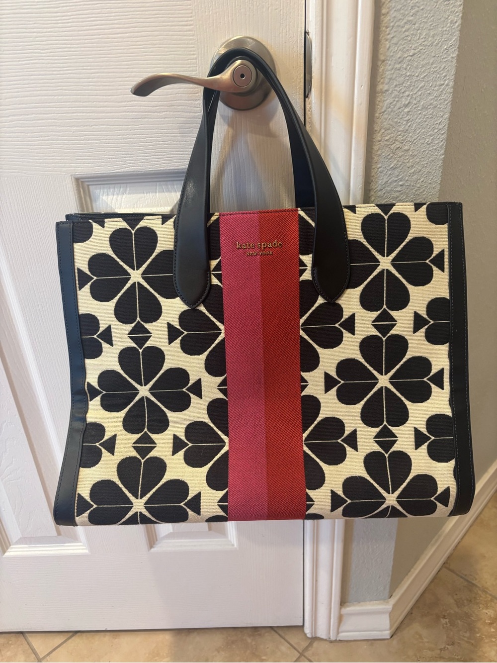 Kate Spade Oversized Black & Cream Floral Tote with Red and Pink Center Stripe